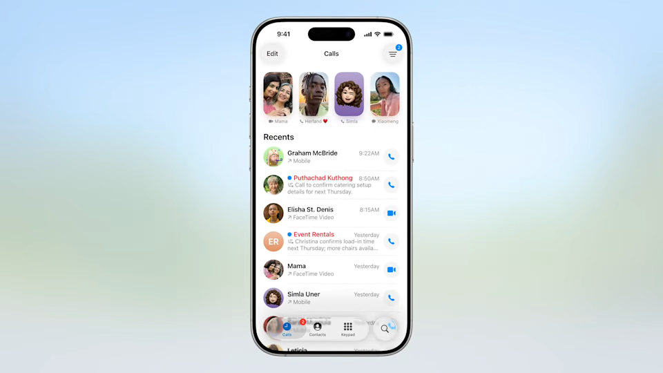 New look on the Calls screen.