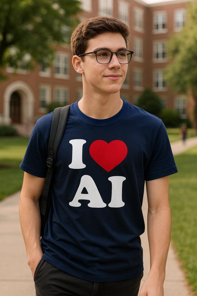 a man at campus wearing I love ai shirt