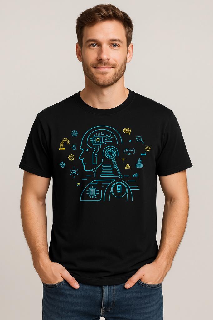 a man wearing a geeky ai shirt